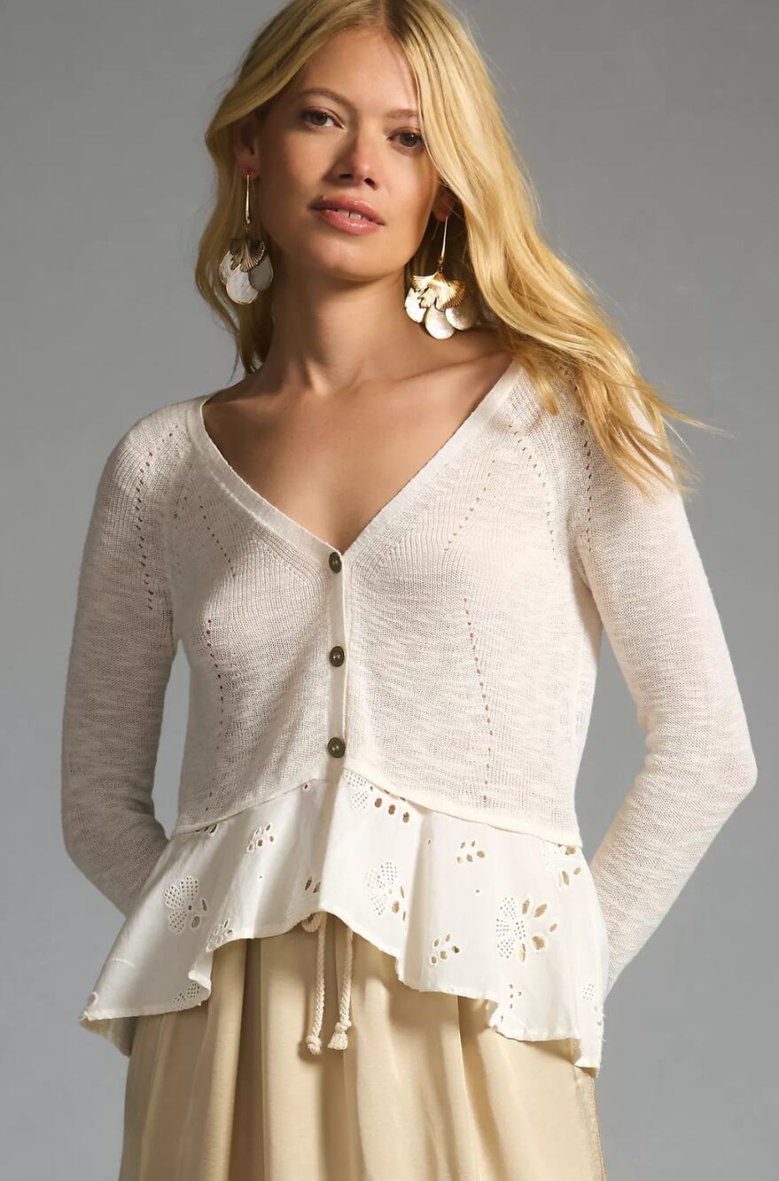 New Anthropologie Eyelet-Hem Cotton Sweater - Size XL